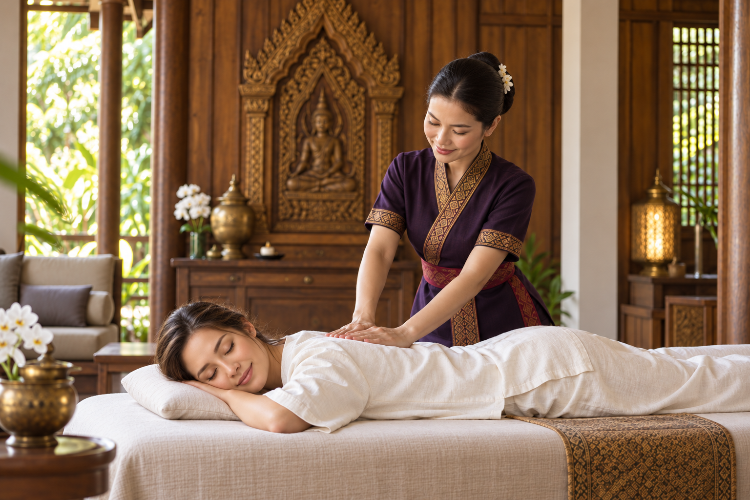 Visuel d’ambiance de la brochure One Sabai : massage et uniforme violet, bordeaux et or